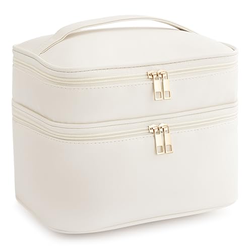 HBlife Double Layer Travel Makeup Bag Portable Cute Leather Cosmetic Bag Large Make Up Bag Makeup Case Organizer Toiletry Bag for Women Girls with Handle and Removable Divider(Beige) by HBlife - Used condition - US$13.88