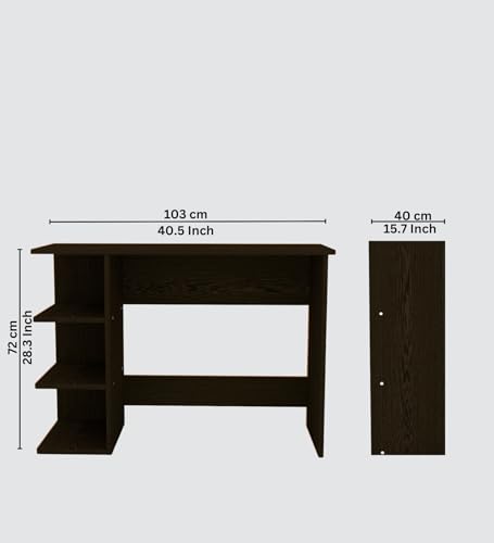 Image of Modern Compact Study Desk with 3 Side Shelves, Space-Saving Home Office Table, Dark Brown Wood Finish, 103x72x40 cm
