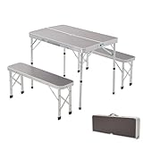 Warmiehomy Camping Table and Chairs Folding Picnic Table and Bench Set Aluminium Portable Tables with Parasol Hole 2 Chair Stool for Picnic Camping BBQ, Black