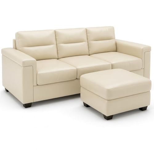 Image of FURNY Parker 3 Seater Sofa Set with Ottoman | Premium Suede Velvet Fabric Finish | Durable Comfort Sofa for Modern Living Room & Office Spaces (Cream Leatherette)
