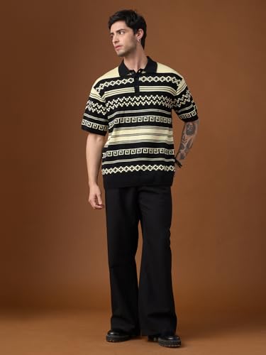 Image of The Souled Store Nomad: Old World Men and Boys Short Sleeve Spread Collar Black and Beige Geometric Print Acrylic Oversized Polos