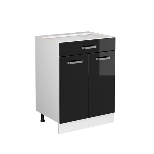 Vicco Meuble Bas Universel R-Line, Noir Haute Brillance, 60cm avec tiroirs, sans PT, adapté au Rangement Peu encombrant dans Les Cuisines équipées