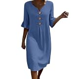 Zeiayuas Women Summer Midi Dresses UK Casual Loose Sundress V-Neck Button Solid Color Half Sleeve Ruffle Dress Beach Holiday Knee Length Dress Flowy Party Dresses Navy
