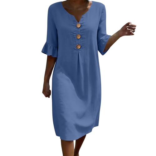 Image of Zeiayuas Women Summer Midi Dresses UK Casual Loose Sundress V-Neck Button Solid Color Half Sleeve Ruffle Dress Beach Holiday Knee Length Dress Flowy Party Dresses Navy