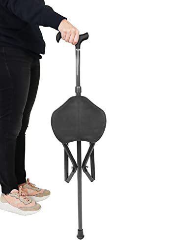Image of KMINA Cane with Seat Folding Lightweight, Carbon Fiber, Adjustable, Black