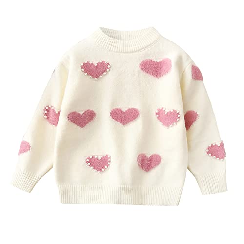 Girls Sweaters Love Heart Print Pearl Long Sleeve Cable Knit Sweater Chunky Pullover Kids Cute Fall Winter Outfits