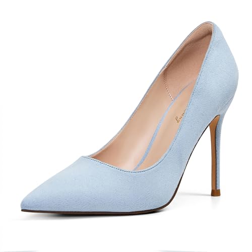 Elisabet Tang Womens High Heels Pumps Closed Pointed Toe Stiletto 4inch Heels Classic Office Special Dressy Wedding Pump Shoes Light Blue Suede 8