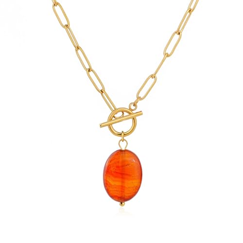 TaYolnFaSo Red Agate Pendant Paperclip Chain Necklace for Women 18k Gold-Plated Toggle Paperclip Necklace Natural Agate Jewelry Christmas July Birthstone Gift for Wife Mother