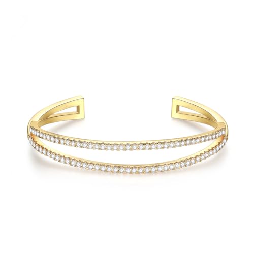 14K Gold Double Layer Moissanite Bracelet, Commuter-Friendly Style, Adjustable Open Bangle