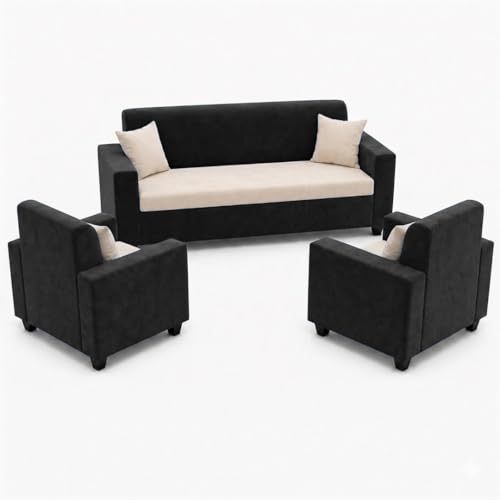 Image of FURNY QualityWood 3 Seater + 1 Seater + 1 Seater Fabric Sofa Set (Cream-Black) with Velvet Finish | Durable Comfort | Ideal for Living Room
