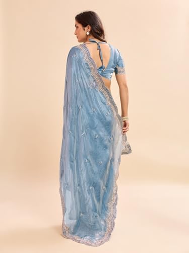 Image of Embellished Embroidered Pure Chiffon Heavy Work Saree