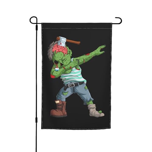 Le zombie fait une claquette avec une machette dans sa tête Drapeau de jardin 12 x 18 pouces Double face Décoration extérieure Bannière Drapeaux saisonniers Décoration d'intérieur Drapeau de cour Dra