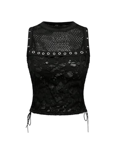 Verdusa Women's Goth Sheer Studded Crop Tank Top Punk Lace Up