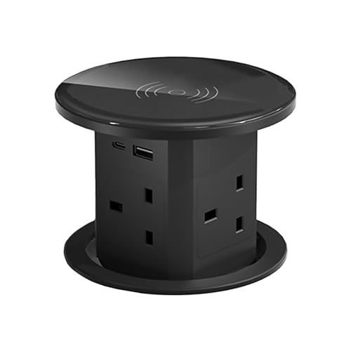 Pop up Socket Automatic Pop up Extension Socket with 15W Wireless Charging 4 UK Plugs USB-A 20W Type-C Port Safe Power Solution for Home Office Worktops Desktop(13A/90-260V)