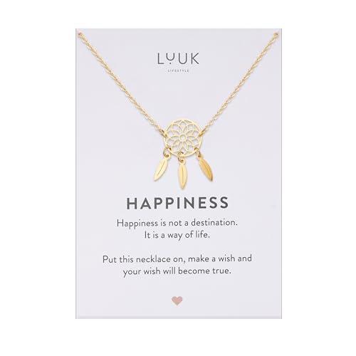LUUK LIFESTYLE Collier en acier inoxydable avec pendentif attrape-rêves et plumes, carte HAPPINESS, symbole de protection indien, longueur réglable 50cm, or