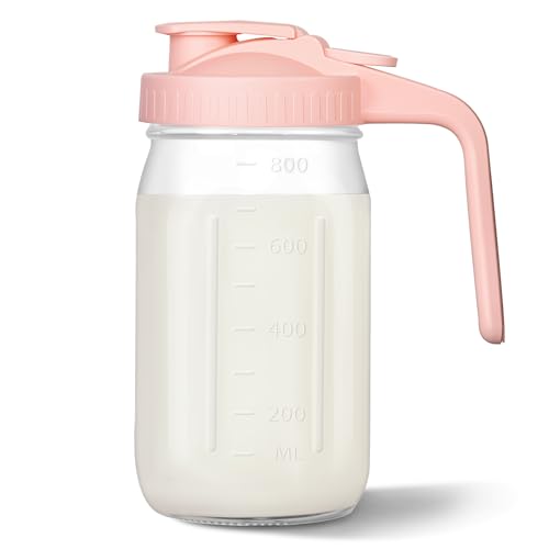 Image of Mason Jar Pitcher, 32 oz Glass Milk Pitcher, Wide Mouth & Leakproof Glass Pitcher with Lid for milk, Sun Tea, Juice, Cold Brew Coffee and Drinks