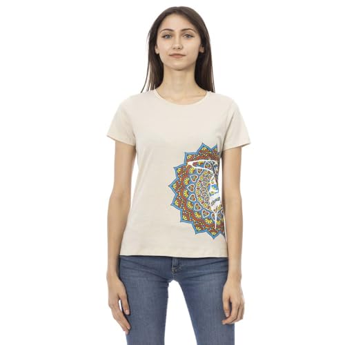 T-shirt femme en coton beige, hauts d'été manches courtes col rond