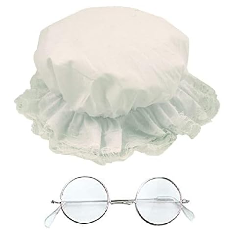 Old Lady Granny Victorian Fancy Dress Book Week Character Mop Hat & Gold Round Glasses Set Cover