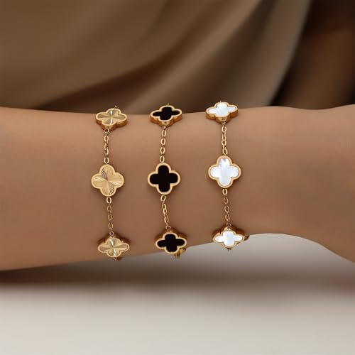 18K Gold Plated Clover Bracelet Set for Women White/Black/Gold/Silver/Green/Pink Adjustable Link Double-Sided Lucky Bracelets Trendy Bracelets Set Jewelry Gifts for Women Men3