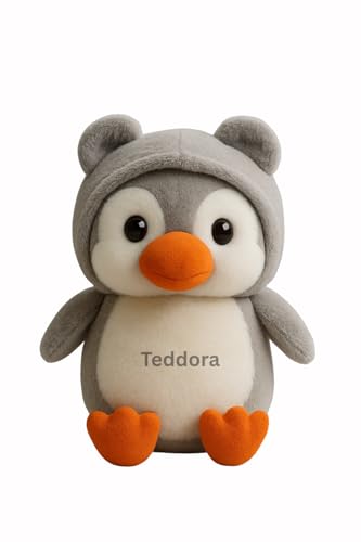 Image of Hoddie Penguin Soft Toy for Girls Boys Kids, Grey, Animal Plush Stuffed Baby Teddy Gift Birthday, 23 cm