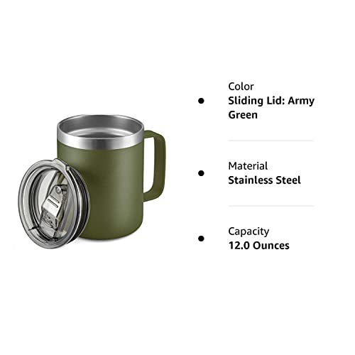 Aloufea 12Oz Stainless Steel Insulated Coffee Mug With Handle, Double Wall Vacuum Travel Mug, Tumbler Cup With Sliding Lid, Army Green #TOP7