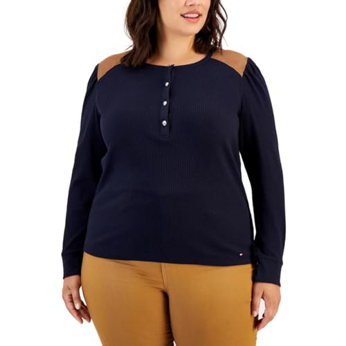 Tommy Hilfiger Womens Plus Waffle Knit Thermal Henley Navy 1X
