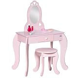 HOMCOM Tocador Infantil de Madera para Niñas de 3-6 Años con Taburete y Espejo Tipo Princesa Mesa de Maquillaje para Niñas con Cajón para Dormitorio 60x36x88 cm Rosa