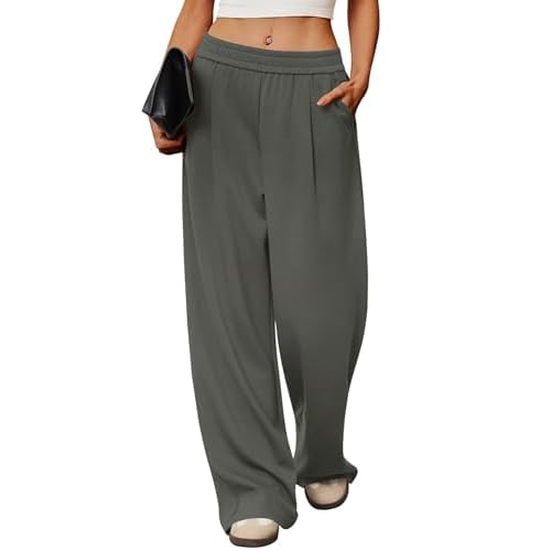 LOMON Womens Wide Leg Pants Travel Casual Lounge High Waist Flowy Palazzo Pants with Pocket Loose Spring Summer Clothing Deep Grey Large