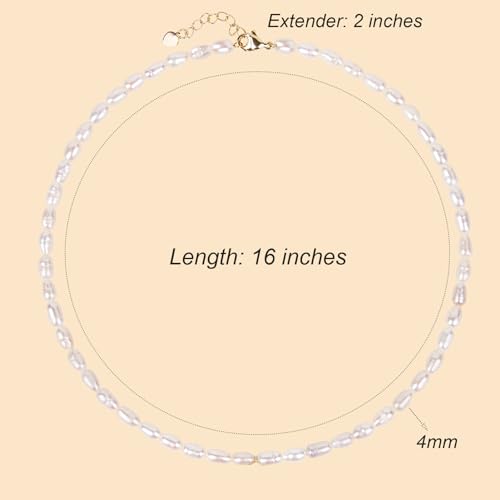 14K Gold Plated Freshwater Pearl Necklaces for Women Teens Dainty Small 4mm Adjustable Chain 16+2" Oval Rice Real Pearl Strand Necklace Pearl Accessories Jewelry Gifts 6