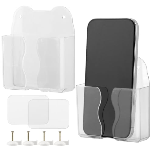 Kazheon 2pcs Wall Mounted Phone Holder Clear Phone Stand Self Adhesive with Charging Hole Cell Phon e Cradle Bedside Organizer Remote Control Stand for Home Office(Color:Clear)