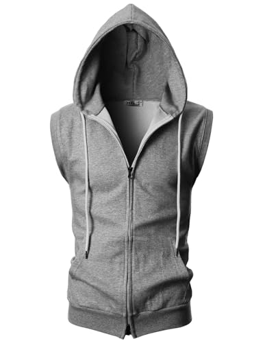 Image of Ohoo Mens Slim Fit Sleeveless Lightweight Zip Up Hooded Sweatshirt Vest Hoodie