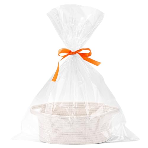 Hiseng Cesta de Regalo Vacía con Bolsas de Regalo y Cintas, Cesta de Almacenamiento de Cuerda de Algodón Trenzada, Kit Cesta Regalo para Envolver Regalos, Navidad, Boda, Cumpleaños (Blanco)