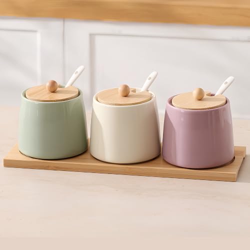 Image of 3-Piece Ceramic Spice Jar Set with Natural Bamboo Lids, Serving Spoons, and Base Organizer Tray, Pastel Multicolor Condiment Pots, 250ml Each for Masala, Sugar, Ghee, Salt, Countertop Storage