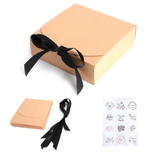 Coffret Regalo con Coperchio en Cartone Kraft + 12 Autocollanti 'Thank You' - 10 Cajas Regalo para Cumpleaños, Navidad, Boda - Embalaje Regalo Ecológico y Personalizable