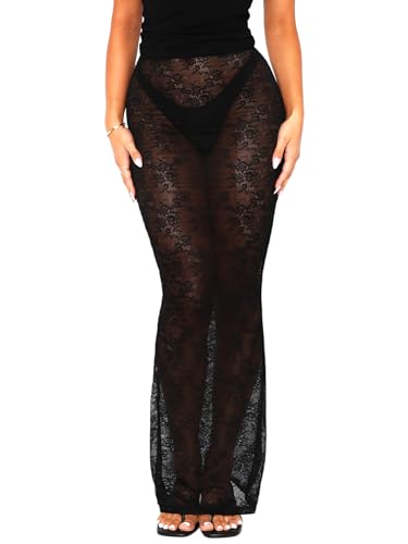 Sheer Mesh Lace Maxi Skirts for Women Bodycon Pencil Skirt See Through Rave Vacation Beach Coverup Long Skirt