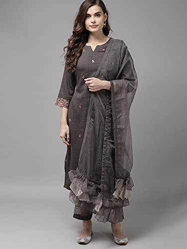 Image of INDO ERA Women's Poly Chiffon Embroidered Straight Kurta With Pant & Dupatta Set (RRRRR8075)
