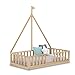 Cama Infantil Barco Tipo Montessori, con Somier y Barrera Barandilla, en Madera Natural, 90 x190 cm
