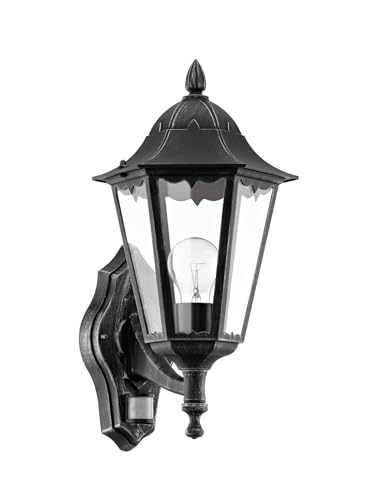 EGLO Außen-Wandlampe Navedo, 1 flammige Außenleuchte inkl. Bewegungsmelder, Sensor-Wandleuchte aus Aluguss und Glas, Schwarz, silber-patina, E27...