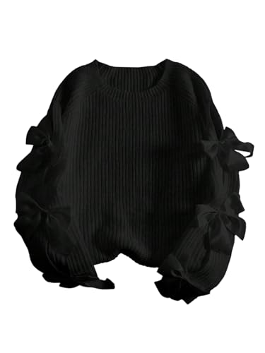 Girl's Cute Bow Sweaters Cutout Long Sleeve Knitted Pullovers Kawaii Fall Tops