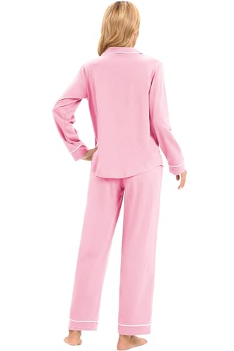 Image of LUBOT 100% Cotton Pajamas for Women PJ Set Soft Button-Down Long Sleeve Shirt Two-piece Set Warm Sleepwear Loungewear Set (Pink, L)