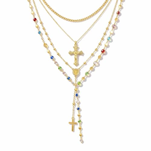 BelleFlair 4-teilige Halskette Damen Gold, Layering Halsketten Set, Bohemian Y Kette Gold mit bunten Perlen, Vintage Rosenkranz lange Kette und Kreuz Anhänger, verstellbarer Goldschmuck.