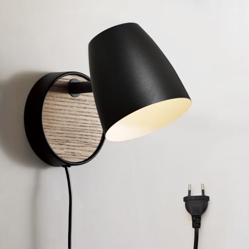 Image of Plug in Wall Sconce Black,Bedside Wall Lamps with Switch,Modern Wood Wall Light for Bedroom with 180Rotation Metal Shade,Indoor E26 Wall Lamp for Living Room,Dining Room,Hallway,Stairway,Wall Decor