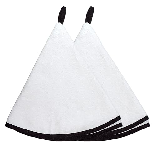 Cocoon Lab Essuie-Main éponge Rond x2 100% Coton uni Lot de torchon Serviette avec accroche Attache Accessoire Cuisine Salle de Bain Blanc et Noir Vaisselle...