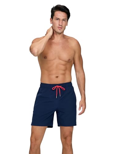 Image of Mens Swim Trunks Compression Liner No Mesh Swimming Trunks Men Swimwear Quick Dry Above Knee Zipper Pocket Swim Shorts