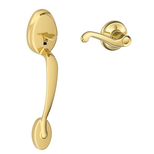 Image of SCHLAGE Plymouth Entry Handleset, Right Hand Flair Lever, Bright Brass