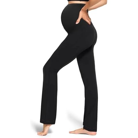 Peauty Maternity Black Yoga Pants Leggings Over The Belly Lounge Pants Flared Leggings for Pregnant Women Seamless Postpartum Leggings Bell Bottom Palazzo Pants (Black L) Cover