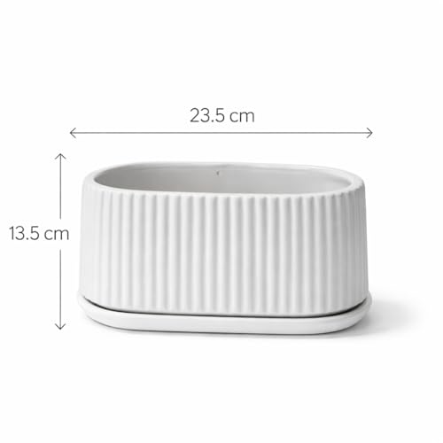 Image of Xtore Elegant Ribbed Oval Planter Pot with Drain Tray for Indoor & Outdoor Plants | Minimal Modern Flower Pot (White, 23.5 cm) (Planter only)