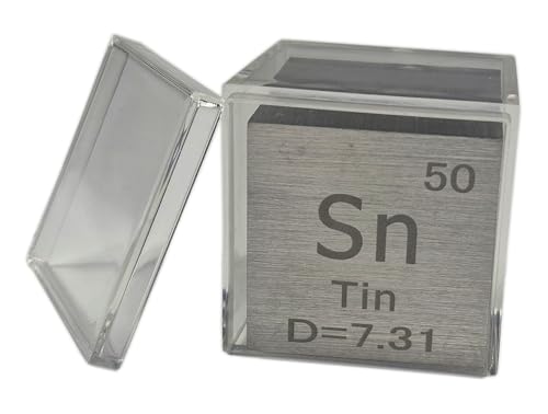 Image of 1.5 inch 38.1mm Tin Stannum Metal Cube Sn up to 99.9% Pure Periodic Table Element Engraved Density Collection Science Education Display Block Cube + Acrylic Case Box - 1PC