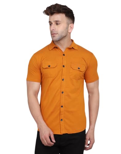 Image of Men's Half Sleeve Shirt - Spread Collar Casual Shirt with Double Flap Pockets - Slim Fit Cotton Blend Button-Down