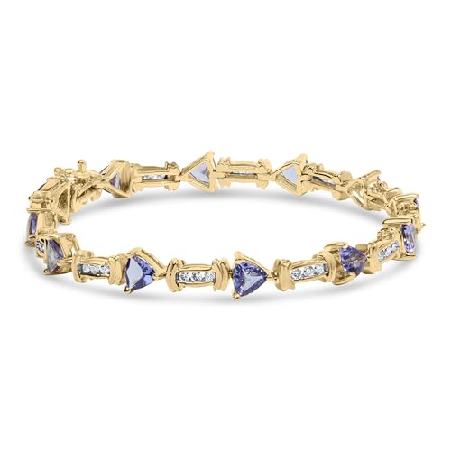 14K Yellow Gold 4x3 Trillion Cut Purple Tanzanite and Diamond Link Bracelet (H-I Color, SI2-I1 Clarity) - 7" Inches